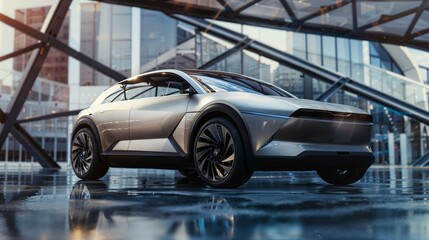 a concept electric car in the future, compact SUV feeling clean background, Advertising Concept, High Technology