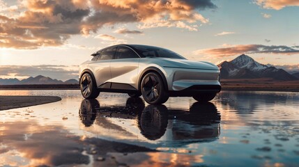 a concept electric car in the future, compact SUV feeling clean background, Advertising Concept, High Technology - obrazy, fototapety, plakaty