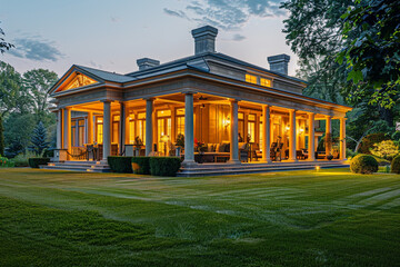 The exterior of an opulent residence glowing with interior light in the evening, a porch furnished with luxury furniture, and a meticulously groomed lawn, illustrating affluent lifestyle aspirations.