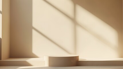 Minimalistic beige podium on a beige background with sunlight and shadows