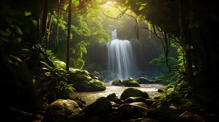 Panorama of a beautiful waterfall in a green forest. Panorama of a waterfall in the forest - obrazy, fototapety, plakaty