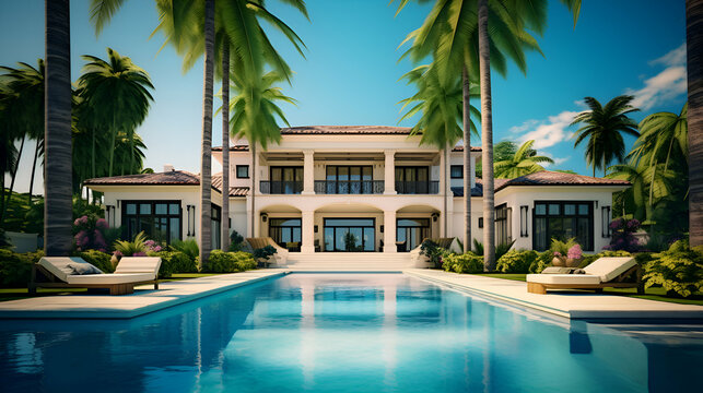Luxury house with swimming pool and palm trees. 3d render