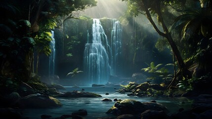 Panorama of a waterfall in a tropical rainforest. 3d rendering - obrazy, fototapety, plakaty