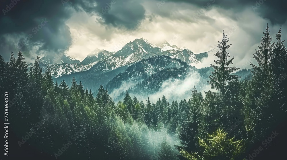 Poster a view of a mountain range with trees in the foreground and a dark, cloudy sky in the background