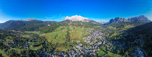 Cortina d'Ampezzo, Italy - Aerial view of the beautiful Italian village in the Dolomite mountains, host of the 2026 Olympics