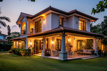 The graceful facade of a luxury home glowing in the evening light, with warm interior lights, a sheltered porch furnished with upscale outdoor furniture, and a meticulously landscaped lawn. - obrazy, fototapety, plakaty
