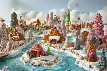 A fantasy christmas world made entirely of gingerbread, complete with edible winter landscapes and gumdrop mountains