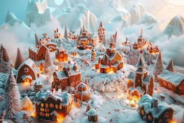 Fotobehang A fantasy christmas world made entirely of gingerbread, complete with edible winter landscapes and gumdrop mountains © Boraryn