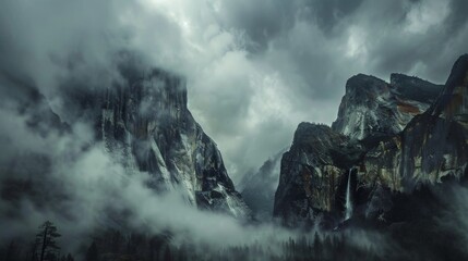  A mountain shrouded in mist and clouds, with a waterfall cascading from its peak, occupies the center of the photo - obrazy, fototapety, plakaty