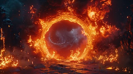 A glowing fire portal leading to a nightmarish abyss filled with swirling flames and tormented souls - obrazy, fototapety, plakaty