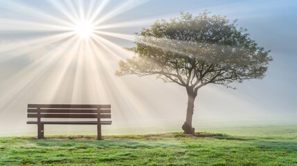  A field with a bench, tree, and sunburst