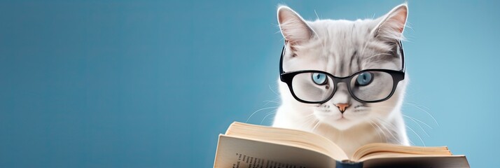 cat in glasses reading a book on blue background, we banner format.