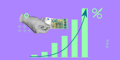 Banking, income, increased interest on deposits concept. Hand with 100 euro banknote against background of rising graph. Minimalist art collage