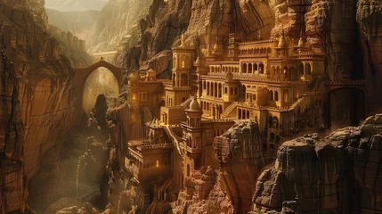 Fotobehang A grand ancient fantasy city carved deep within a mountain © Boraryn