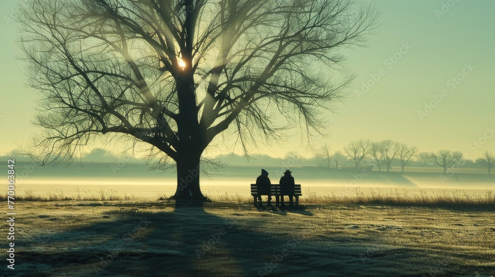 Poster two people sitting on a bench under a foggy tree with sunlight filtering through branches