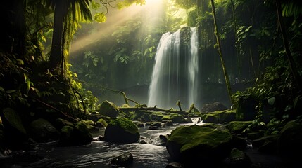 Panoramic view of a waterfall in a tropical rainforest. - obrazy, fototapety, plakaty