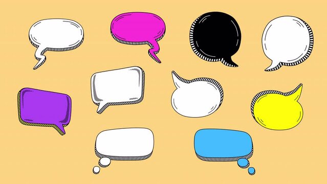 10 animated cartoon colorful speech bubbles on a transparent background. Comic hand drawn outline style. Space for text.