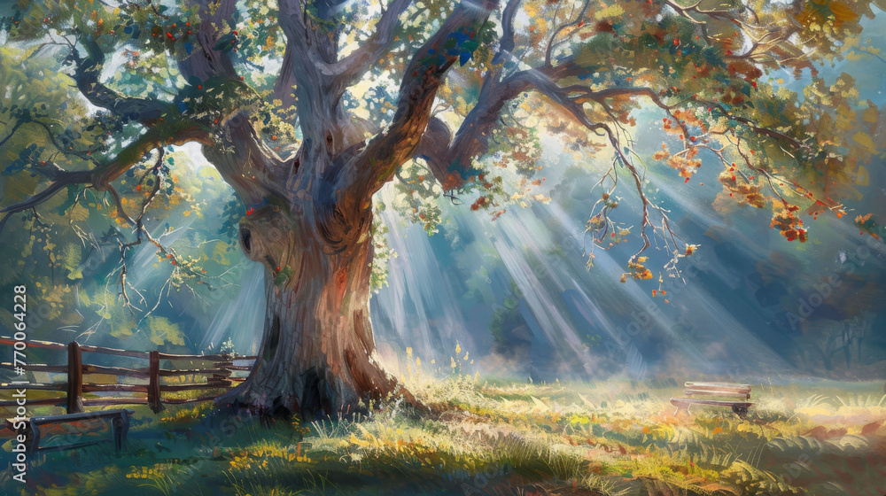 Poster a painting depicts a tree in a field with a bench in the foreground and sunlight filtering through t