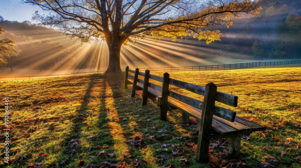 Poster a wooden bench, surrounded by a field and a tree, basks under sunlight filtering through leafy branc