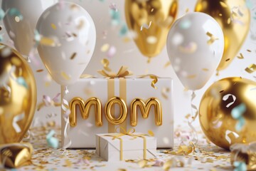 Mother's day card, golden glossy word mom on white gift box with ribbon, surrounded by many balloons, sparkling glitters fireworks of confetti flying around. Festive postcard template for birthday