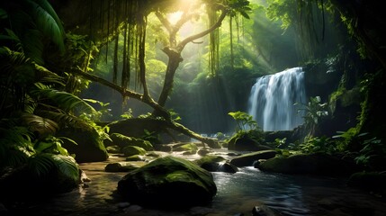 Beautiful waterfall in the forest. Panoramic view of a waterfall in the forest.