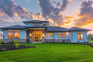 Twilight scene of a contemporary house in pastel blue, against a transitioning sky. Green grass,...