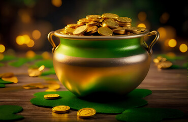 Pot of Gold: St. Patrick's Day Celebration with Leprechaun's Treasure. Festive Concept with Shamrocks and Golden Coins