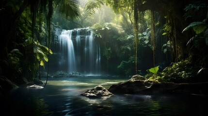 Panoramic view of a beautiful waterfall in the rainforest.