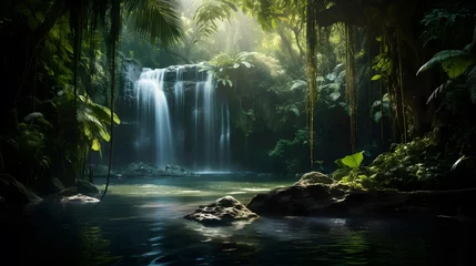 Abwaschbare Fototapete Panoramic view of a beautiful waterfall in the rainforest. © Iman