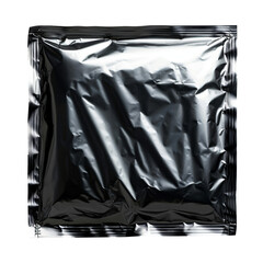 square bag wrapped with metallic foil on transparent background with crumpled, folded details and bright highlights on the surface, foil texture 