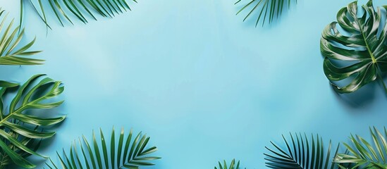 Fototapeta na wymiar Tropical palm leaves on a blue backdrop with empty space for text, ideal for a travel agency's top view banner.