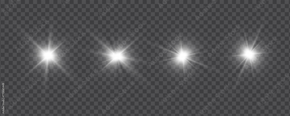 Poster set of realistic vector white stars png. set of vector suns png. white flares with highlights.