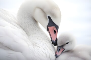 Swan Mother and Cygnet Close-up with White Background - obrazy, fototapety, plakaty