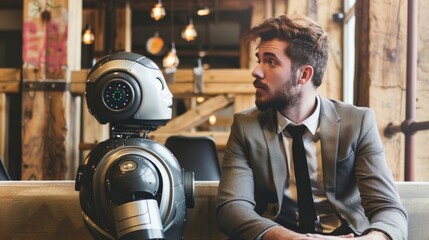 A human and an AI robot eagerly await a job interview, representing the ongoing competition between humans and AI in the workplace. - obrazy, fototapety, plakaty