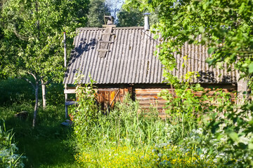 Bathhouse in a latvian village in summertime. Wooden bath house in countryside.