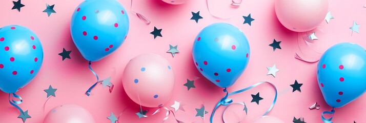 Banner with inflatable bright birthday balloons, holiday with silver stars, anniversary in pink and blue color - obrazy, fototapety, plakaty