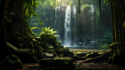 Panoramic view of beautiful waterfall in deep tropical rainforest.