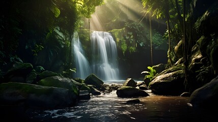 Panoramic view of a waterfall in the jungle. Long exposure.