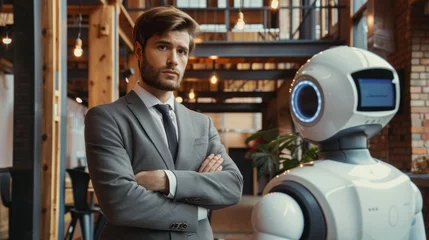 Fotobehang A human and an AI robot eagerly await a job interview, representing the ongoing competition between humans and AI in the workplace. © Firuz