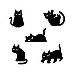 set of minimalist black cat vector with various expressions