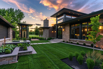 Under the serene twilight, a modern home exterior features lush green grass, brick, and stacked stone, with meticulous landscaping, exuding warmth and invitation. - obrazy, fototapety, plakaty