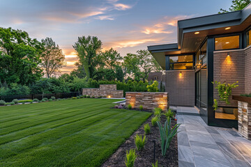 Under the serene twilight, a modern home exterior features lush green grass, brick, and stacked stone, with meticulous landscaping, exuding warmth and invitation.