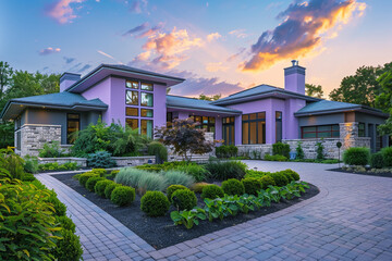 Under the soft light of late afternoon, a modern home painted in calming lilac stands out. Greenery, brick, stone, and well-planned landscaping create a welcoming sight. - obrazy, fototapety, plakaty