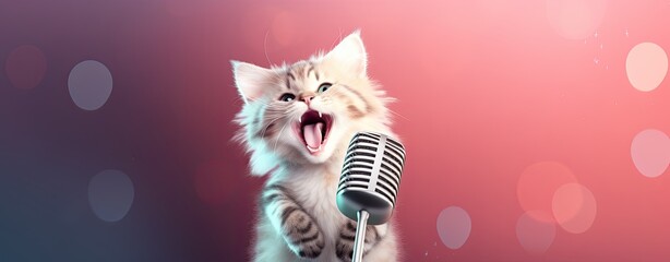 Happy cat singing into a microphone, web banner format with copy space
