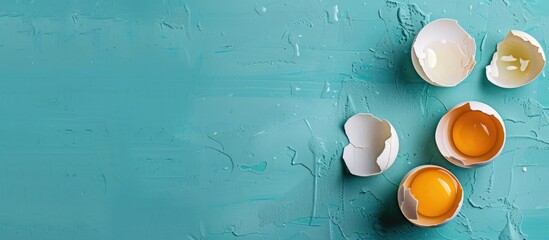 Cracked egg on turquoise background, includes shell, yolk, and white, viewed from the top with...