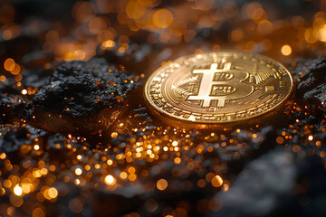 Bitcoin golden coin, neon light glow 
