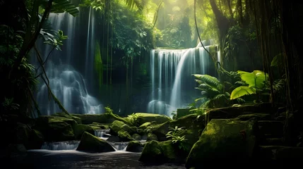 Outdoor kussens Panoramic view of beautiful waterfall in tropical rainforest. Nature background © Iman