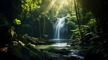 Panorama of a beautiful waterfall in the rainforest at sunset.