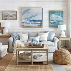 Coastal Inspired: Design a coastal-inspired living room with a gray sofa placed on a light-toned wooden floor. Incorporate beachy accents such as rattan furniture, sea-inspired artwork.
