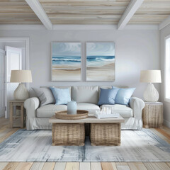 Fototapeta na wymiar Coastal Inspired: Design a coastal-inspired living room with a gray sofa placed on a light-toned wooden floor. Incorporate beachy accents such as rattan furniture, sea-inspired artwork.